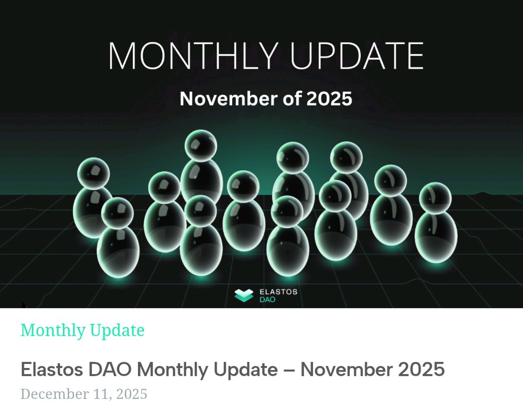 Take a look at the Elastos DAO Monthly Update for November 2025.

Highlights include:
▪️New Proposals
▪️Previous Proposals

Read more below.👇 
blog.elastos.com/2025/12/11/ela…