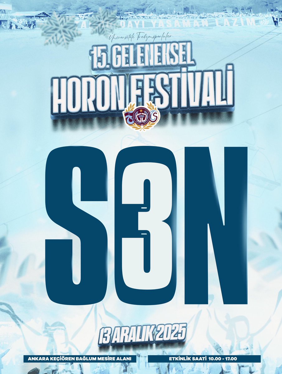 Üniversiteli Trabzonsporlular 15. Geleneksel Horon Festivaline 3 gün kaldı 🔥

📍Ankara Keçiören Bağlum Mesire Alanı.

📅 13.12.2025

Detaylı bilgi ve katılım için şehrinizdeki temsilciliğimizle iletişime geçebilirsiniz.

#ÜniversiteliTrabzonsporlular