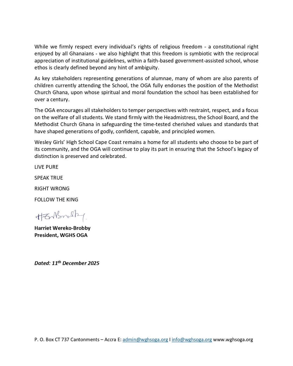 MethodistChGh's tweet image. PRESS RELEASE:

𝐖𝐞𝐬𝐥𝐞𝐲 𝐆𝐢𝐫𝐥𝐬’ 𝐎𝐆𝐀 𝐬𝐞𝐭𝐬 𝐭𝐡𝐞 𝐫𝐞𝐜𝐨𝐫𝐝 𝐬𝐭𝐫𝐚𝐢𝐠𝐡𝐭 on recent claims, standing with the School and the Methodist Church in safeguarding generations of excellence, discipline, and respect for all.

#TheMethodistChurchGhana