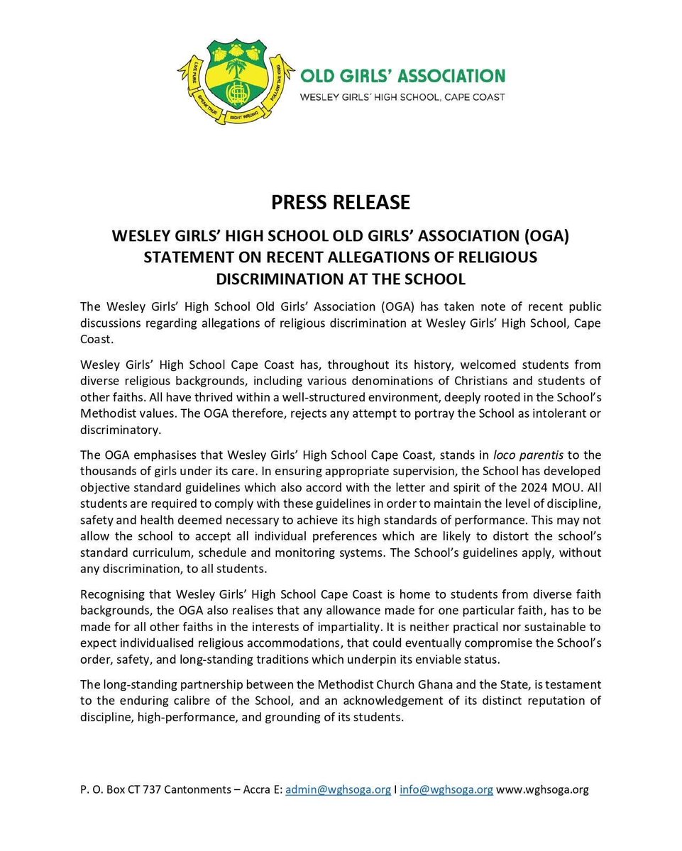 MethodistChGh's tweet image. PRESS RELEASE:

𝐖𝐞𝐬𝐥𝐞𝐲 𝐆𝐢𝐫𝐥𝐬’ 𝐎𝐆𝐀 𝐬𝐞𝐭𝐬 𝐭𝐡𝐞 𝐫𝐞𝐜𝐨𝐫𝐝 𝐬𝐭𝐫𝐚𝐢𝐠𝐡𝐭 on recent claims, standing with the School and the Methodist Church in safeguarding generations of excellence, discipline, and respect for all.

#TheMethodistChurchGhana