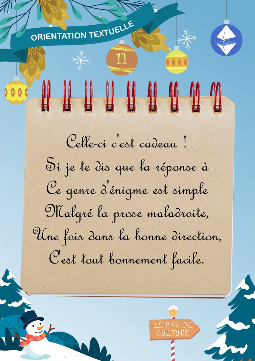 LeMaxDeCulture's tweet photo. Énigme du 11 décembre 🎄
Êtes vous capable de résoudre cette énigme ? 🧐
Pour participer : https://t.co/YW2KCKS8iU https://t.co/iQ95dacswx