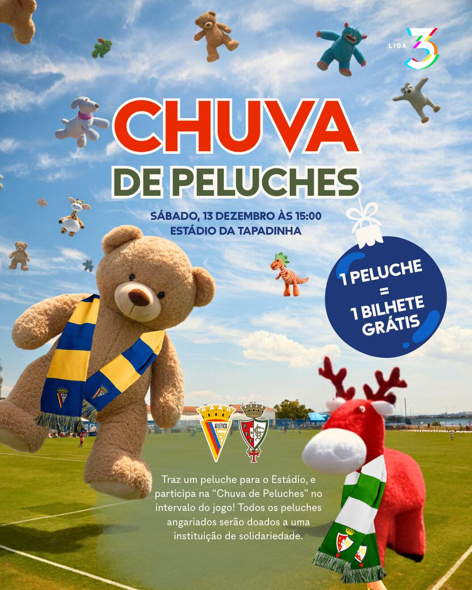 💙💚 𝟏 𝐏𝐄𝐋𝐔𝐂𝐇𝐄 = 𝟏 𝐁𝐈𝐋𝐇𝐄𝐓𝐄

Este sábado convidamos todos os adeptos a juntarem-se a uma ação solidária muito especial, onde quem trouxer um peluche tem direito a 𝟏 𝐛𝐢𝐥𝐡𝐞𝐭𝐞 𝐩𝐚𝐫𝐚 𝐨 𝐣𝐨𝐠𝐨!