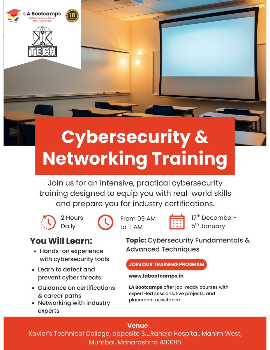 Latechbootcamps's tweet image. @Latechbootcamps is excited to conduct a hands-on Cybersecurity Training at Xavier’s Technical College! 🚀

Want similar training at your campus? Let’s collaborate!
📩 Contact: 7738893172 | sales@labootcamps.in

#CyberSecurity #CollegeTraining #XaviersMumbai #LABootcamps