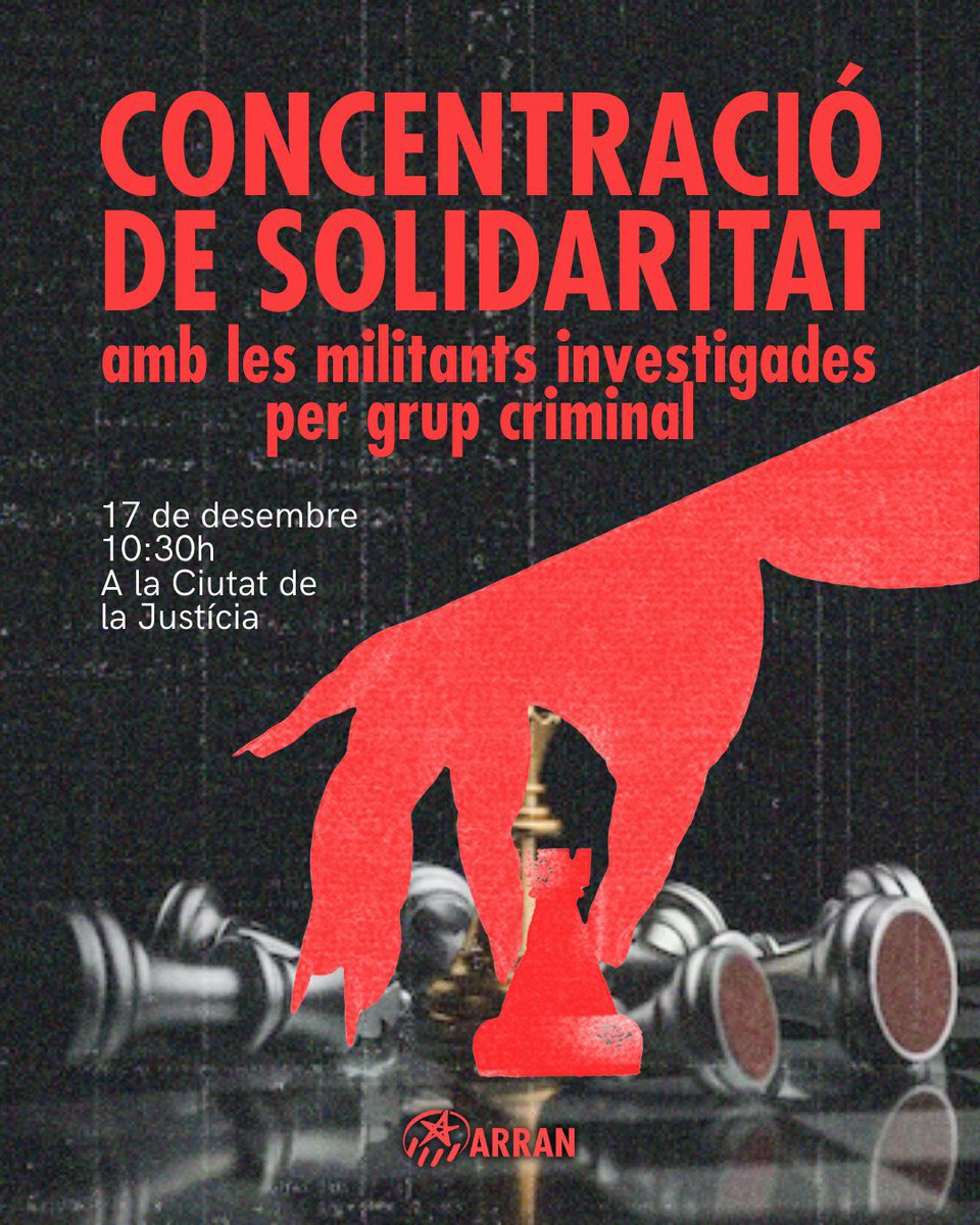 Fa unes setmanes es destapava que estan investigant a  sis militants per grup criminal. El pròxim 17 de desembre van a declarar, fem-los costat contra la repressió de l’Estat! 

Ens veiem a la Ciutat de la Justícia ✊🚩
<a href="/AlertaSolidaria/">Alerta Solidària</a>