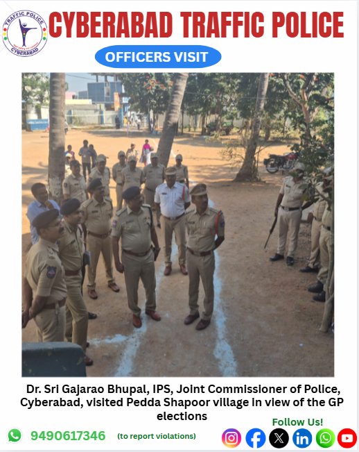 CYBTRAFFIC's tweet photo. OFFICERS VISIT

Dr. Sri Gajarao Bhupal, IPS, Joint Commissioner of Police, Cyberabad, visited Pedda Shapoor village in view of the GP elections.

#cyberabadpolice #cyberabadtrafficpolice #gpelections #peddashapoor #fieldvisit