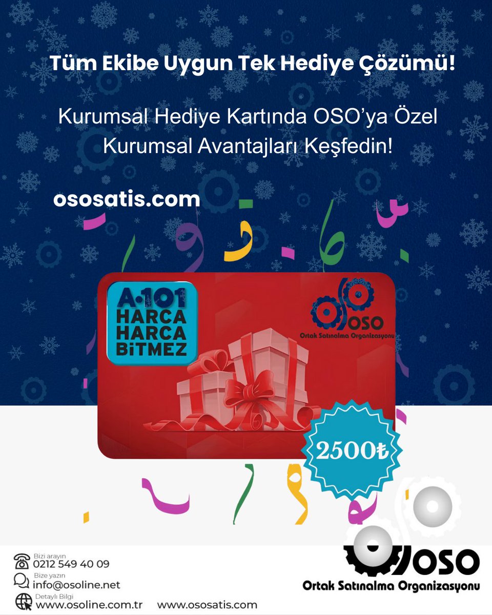 Ekibiniz için en pratik ve en esnek hediye çözümü, şimdi OSO avantajıyla çok daha hesaplı.
• Avantajlı fiyatlara ek sepette net %4 indirim
 • Ücretsiz kargo
 • 250 TL – 30.000 TL arası geniş bakiye seçenekleri
🔗 Detaylı bilgi: ososatis.com/oso-a101-hediy…
…
#KurumsalHediye