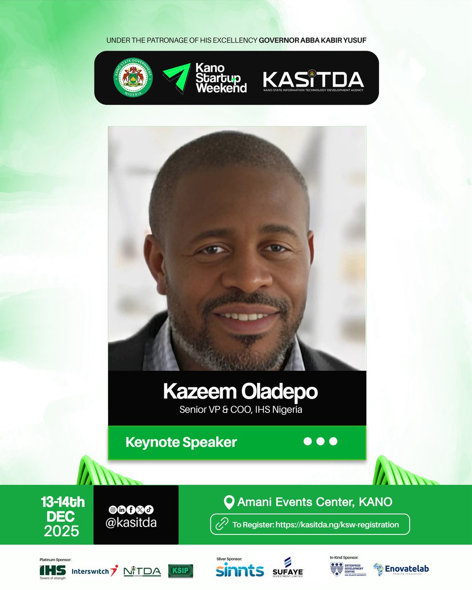 kasitda's tweet photo. Introducing Kazeem Oladepo, a keynote speaker for Kano Startup Weekend 2025 , one of the key architects behind Nigeria’s digital connectivity backbone.
Kano are you READY!
#ksw2025 #kasitda
#ennovatelab #digitalkano https://t.co/fSXZ12oy0r