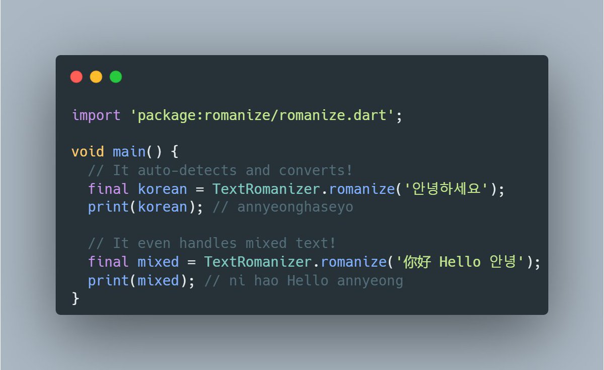 bdlukaadev's tweet image. 🚀 Just shipped: romanize for Dart!

Ever needed to turn &quot;こんにちは&quot; into &quot;konnichiwa&quot;?

My new package auto-detects and converts Korean, Japanese, Chinese, Cyrillic, &amp;amp; Arabic to Latin script instantly. Lightweight &amp;amp; easy to use.

📦pub.dev/packages/roman…

#flutterdev #dart