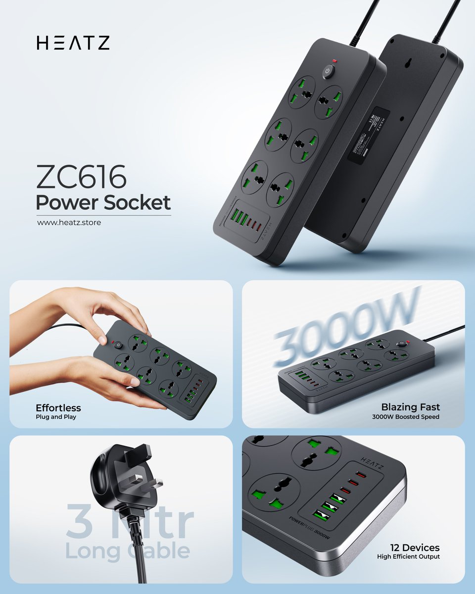HeatzKsa's tweet image. From powerful desktops to everyday gadgets, the ZC616 keeps everything running smoothly. With 6 AC sockets, 6 USB ports, a 3000W output, and a sleek design with an extended cable, it’s built for easy convenience.
.
.
.
#Heatz #PowerSocket #ChargeSmart #TechEssentials #MultiPlug