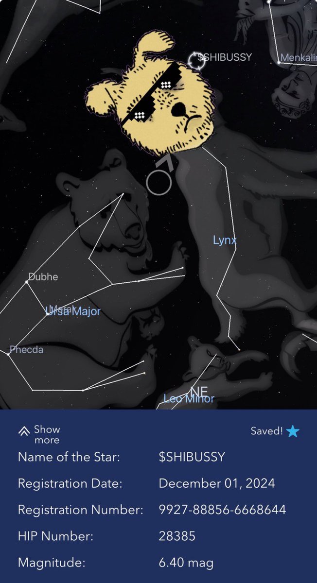 ShibussyBase's tweet image. Does your @base memecoin has an offically registered star? $SHIBUSSY does. 

Let us know when you get a constellation of your own so we can do some astrological stuff or something. 

🥱