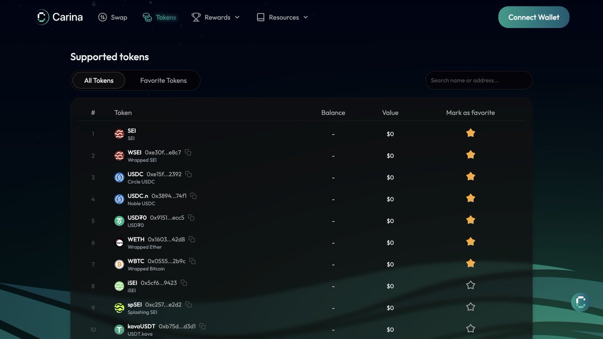 Curious what tokens you can intent-swap through Carina?

Here’s a snapshot of what’s live right now across Sei’s ecosystem: iSEI, spSEI, kavaUSDT, syUSD, rUSD, frxUSD, SolvBTC, LINK, SEIYAN, YAKA, DRG, CLO, BALLZ, POPO, MILLI, JLY… and counting.

This list isn’t static.

We