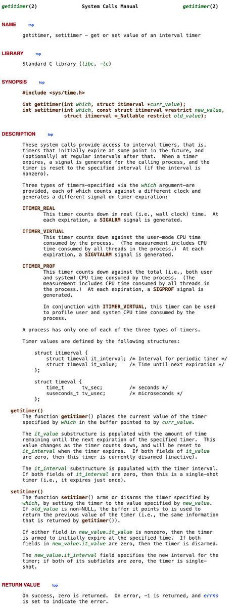 Your Linux process has a built-in kitchen timer. 🍳

sleep() can handle delays, but that stops your program cold.

There's a non-blocking alternative: getitimer.

Syscall #36 on x86_64, this lets your code keep running while the clock ticks in the background. 🧵👇