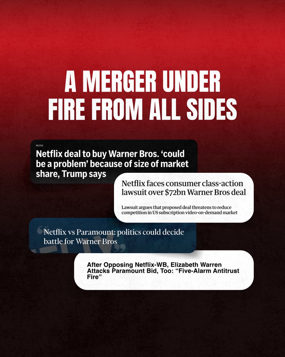 LaineNeural's tweet photo. The deal is already facing backlash: creators, unions, regulators (even Trump), are raising antitrust concerns. A consumer class-action has also been filed.

#Netflix #WarnerBros #Merger #Legal https://t.co/EpspKgSxZj