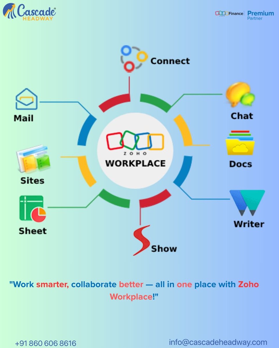 CascadeHeadway's tweet photo. Cascade Headway presents Zoho Workplace — a complete suite of productivity and collaboration tools designed to streamline your business processes, improve team communication, and boost overall efficiency. #CascadeHeadway #ZohoWorkplace #BusinessExcellence #TeamCollaboration . https://t.co/N58mDV09Uh