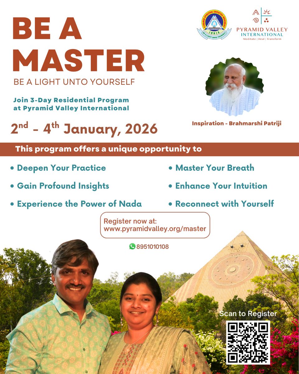PyramidValleyIn's tweet photo. Step Into Your Inner Power

Pyramid Valley International presents
BE A MASTER – A 3-Day Residential Program

🗓 January 2nd - 4th, 2026
📍 Pyramid Valley International, Bengaluru

Surrounded by the tranquil energy of the Maitreya Buddha Pyramid

Register:
https://t.co/OgZnZNyy8o https://t.co/f4ggk0FyLK