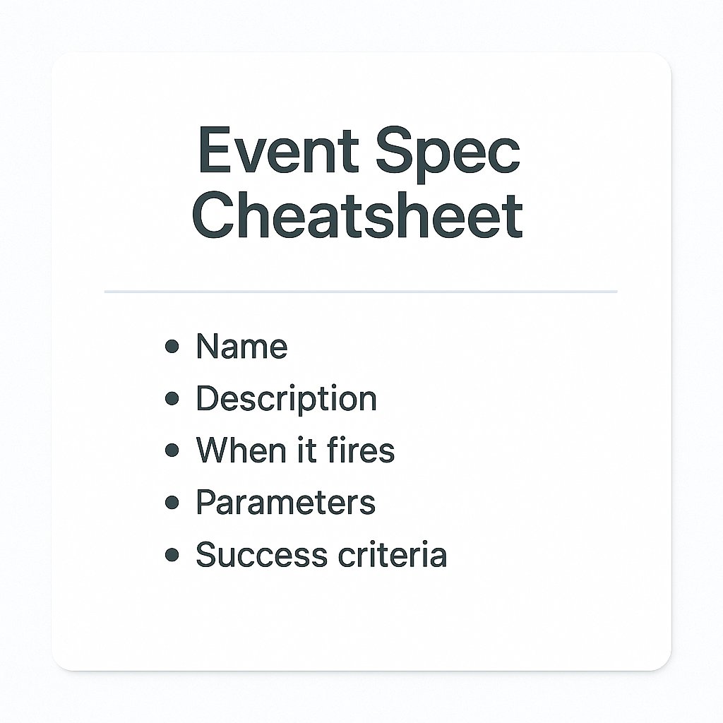EventDocsio's tweet photo. Event Spec Cheatsheet

A clear spec includes:
• Name
• Description
• When it fires
• Parameters (with examples)
• Expected behavior
• Success criteria

Simple structure, fewer questions. https://t.co/apacSzoXIB