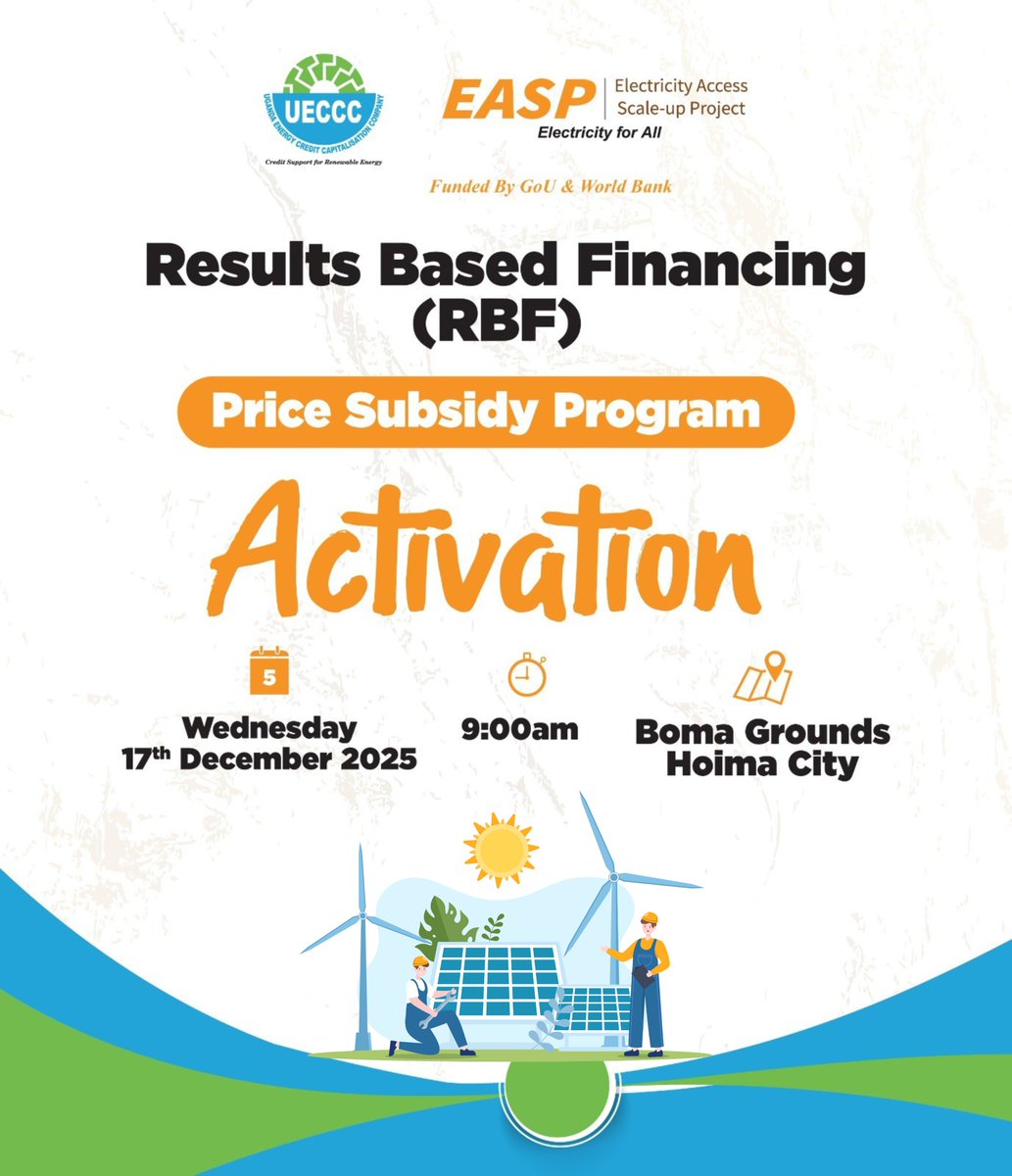 UECCC will conduct a Regional Activation of the Results-Based Financing (RBF) Price Subsidy Program on 17th December, at Boma Grounds, Hoima City.

The Program provides financial support to Energy Service Companies reducing the price of a wide range of clean energy technologies.