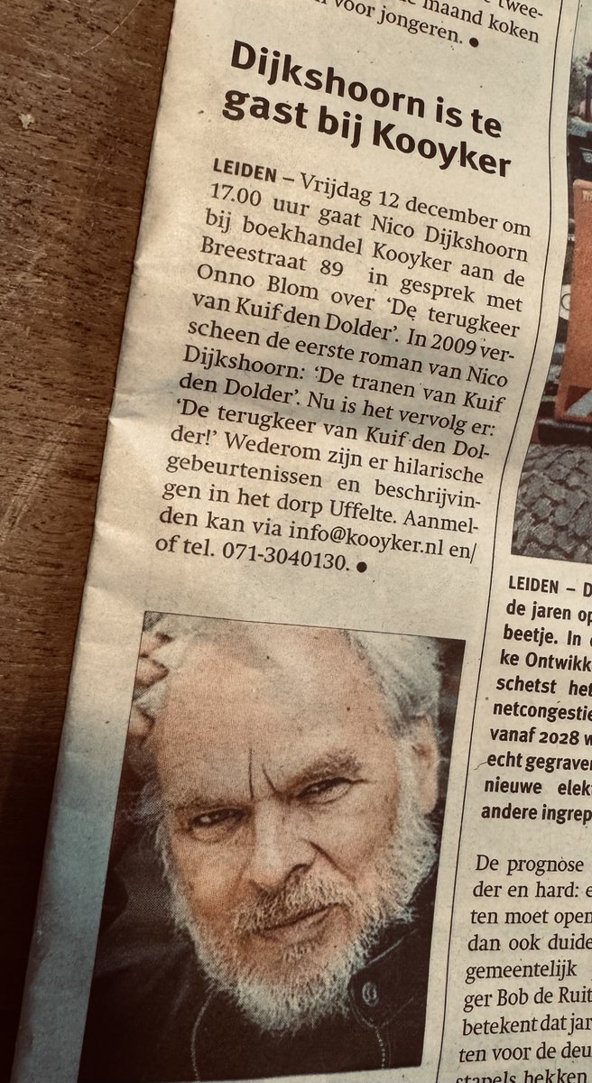 Morgen, vrijdag 12 december, lees ik voor uit mijn nieuwe roman De terugkeer van Kuif den Dolder en word ik geïnterviewd door Onno Blom. Bij aankoop een tekening en handtekening voor in het boek. Lokatie: Boekhandel Kooyker te Leiden.