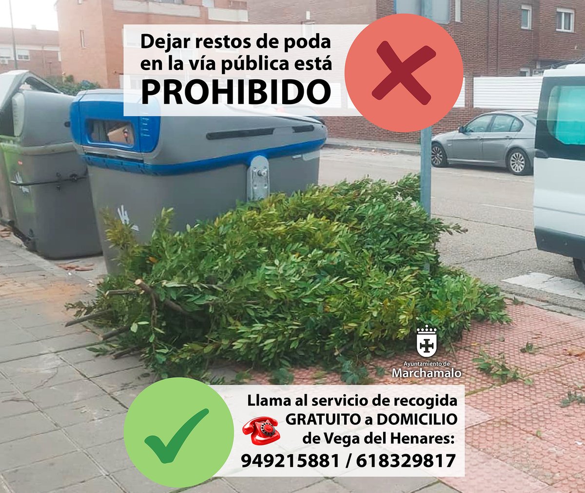 ⚠️ LOS RESTOS DE PODA, AL PUNTO LIMPIO ⚠️ 

Tus restos de poda no van ni dentro ni fuera de los contenedores 🚫, sino en el punto limpio ♻️

Y si no puedes llevarlos <a href="/VegaHenares/">Vega del Henares</a> dispone de un servicio de recogida a domicilio.

Línea Verde ☎️ 949 215 881 / 618 329 817