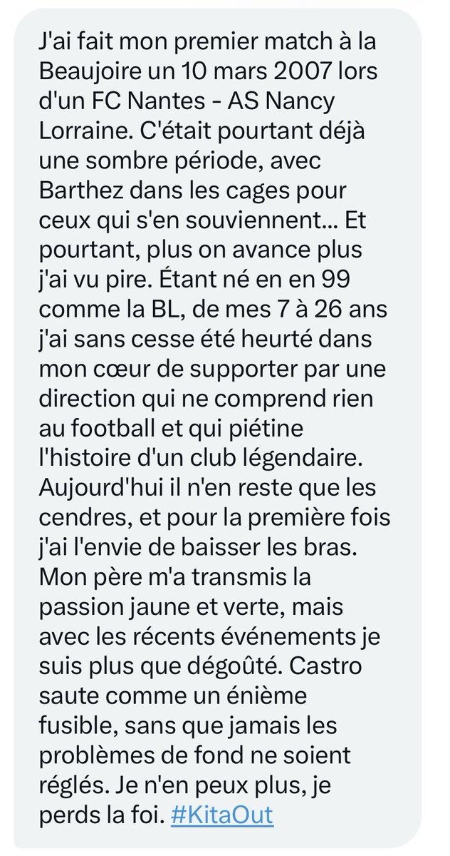 Je reçois de nombreux messages de supporters du #FCNantes totalement désabusés de vivre cet éternel cauchemar, à l’image de celui-ci ⬇️