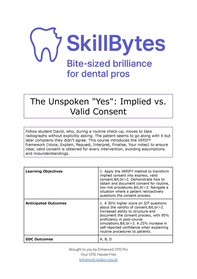 EnhancedCPDPro's tweet photo. Enhanced CPD SkillBytes: The Unspoken "Yes": Implied vs. Valid Consent | Claim your certificate by passing the test at https://t.co/CW4TjvCGF3 https://t.co/bCamYjX9nD