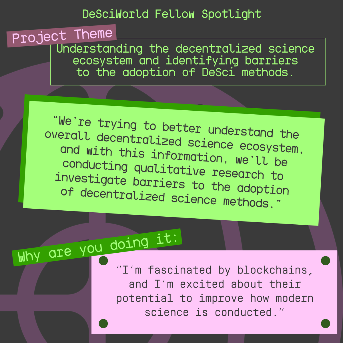 DeSciWorld's tweet photo. Dar Meshi @darmeshi brings a social-science lens to DeSci 🌐

As a DeSciWorld Fellow, he’s exploring the ecosystem itself: how it works today, and what prevents broader adoption.

Full spotlight here 💚 https://t.co/z3WknIkgmw
