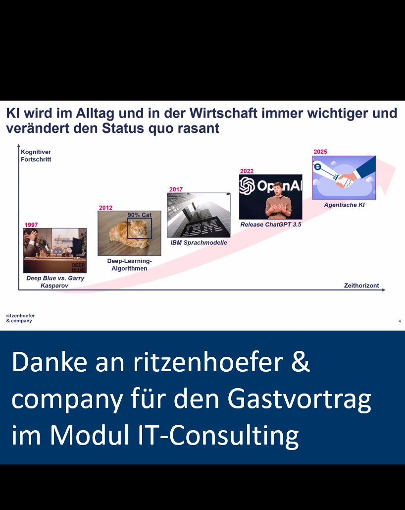 Danke an ritzenhoefer &amp; company für den inspirierenden Gastvortrag im Modul IT-Consulting.
Zum Thema „Die nächste Generation der KI-Agenten" haben wir spannende Einblicke in aktuelle Entwicklungen und Praxisanwendungen erhalten. 

#KI #Agenten #Consulting