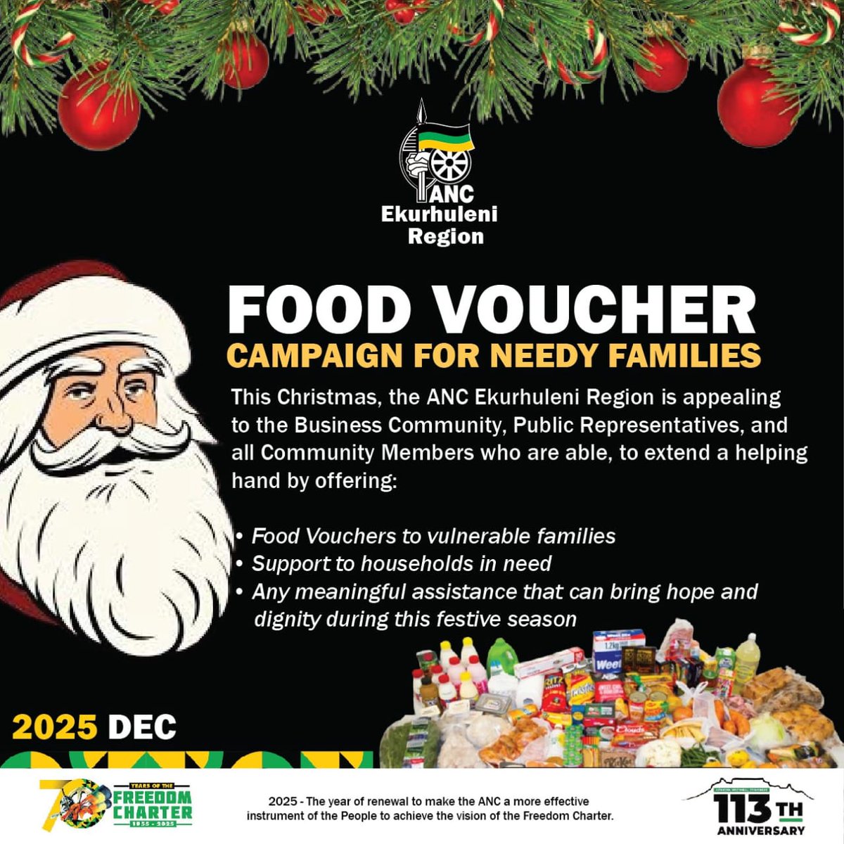 FOOD VOUCHER CAMPAIGN FOR NEEDY FAMILIES 

This Christmas 🎄 🎁, the ANC Ekurhuleni Region REC is appealing to the Business Community, Public Representatives,  and all Community Members who are able, to extend a helping hand to needy families this festive season.

#ANCacares