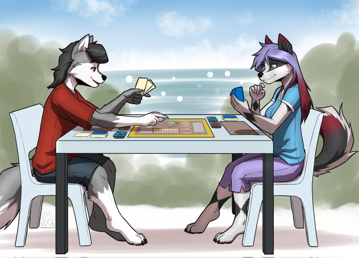 Myke_Greywolf's tweet image. Boardgaming by the sea with Myke and Diamond.