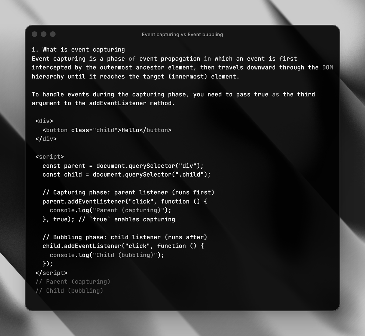 AakrshitThakur's tweet image. A beautiful example showing the difference between event capturing and event bubbling in JavaScript events. #JavaScript #FrontEnd #codingbasics