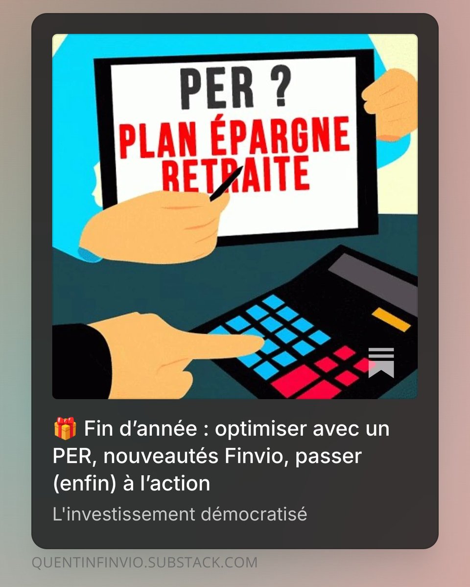 Demain, je partage une nouvelle édition de ma newsletter

Au programme :
• PER : faut-il verser avant le 31/12 ?
• Le vrai coût du « conseil gratuit » (spoiler : > 50 000 €)
• Nouveautés Finvio : outil diagnostic + refonte

Si tu veux la recevoir :
🔗 quentinfinvio.substack.com/subscribe?next…