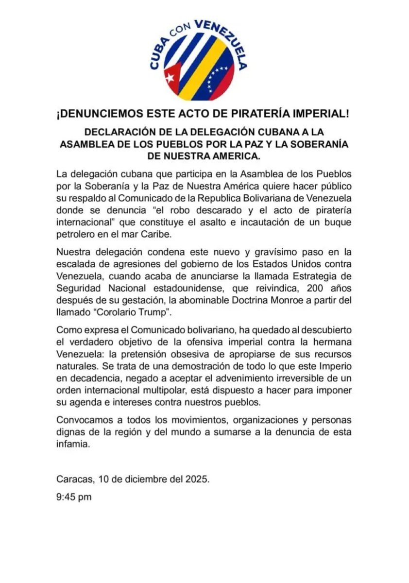 🇨🇺Declaración de la Delegación cubana participante en la Asamblea de los Pueblos desarrollada en #Venezuela🇻🇪
#CubaConVenezuela
#VenezuelaNoEstáSola