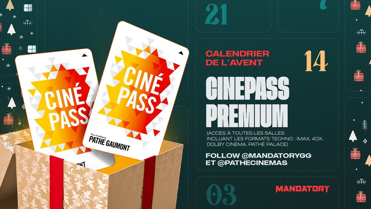 Tente de remporte un Ciné Pass Premium grâce à ce giveaway en partenariat avec Pathé ! 🎬

Pour participer :

🔁RT
👥Follow <a href="/MandatoryGG/">MANDATORY</a> &amp; <a href="/pathecinemas/">Pathé Cinémas</a>

TAS le 22/12