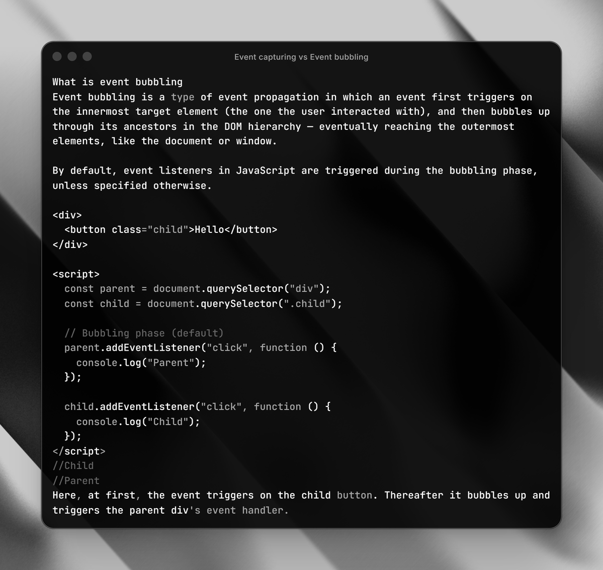 AakrshitThakur's tweet image. A beautiful example showing the difference between event capturing and event bubbling in JavaScript events. #JavaScript #FrontEnd #codingbasics
