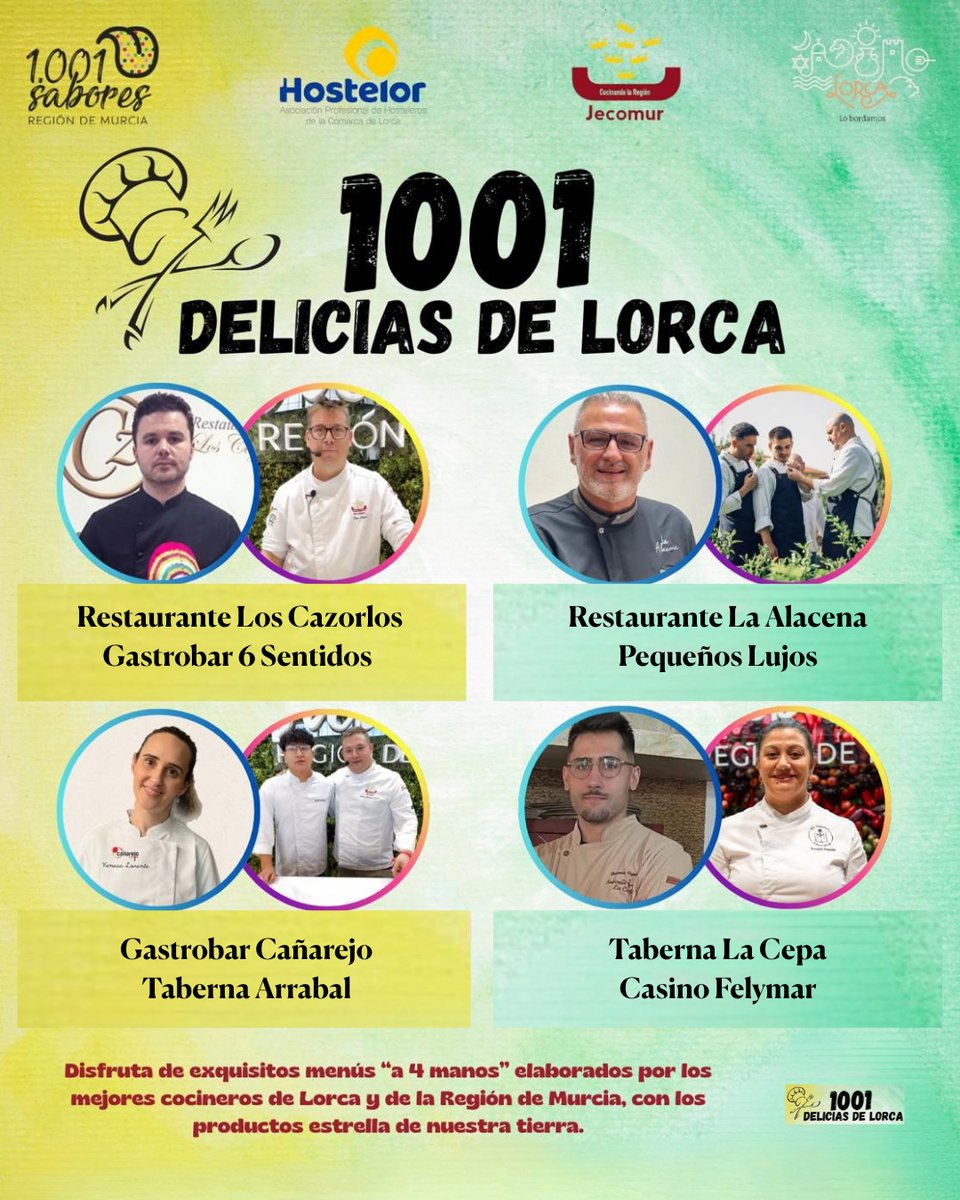 #Lorca ha estado a rebosar de sabor en cada una de las jornadas de la tercera edición de #1001DeliciasdeLorca 
Esta noche, Germán Segura (Taberna La Cepa) y Rosalía Bastida (Casino Felymar) firman el menú final. ¡Menudo broche de oro! 🤩
👀 f.mtr.cool/tgakaggttq

#1001SaboresRM