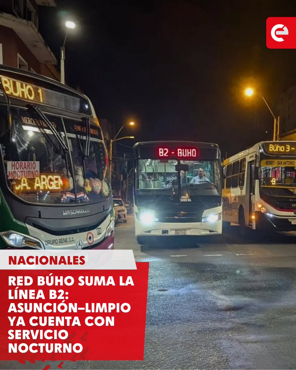 canal_e_py's tweet image. Atención! 🔴 

Desde anoche está en funcionamiento la nueva línea B2, completando así la cobertura del sistema nocturno impulsado por el VMT. 🌙

🕙 Horario de operación: desde las 22:10
🗺️ Itinerarios:

👉 Ingreso a Asunción

Av. San José → PY03 Gral. Aquino → Av. Gral.…