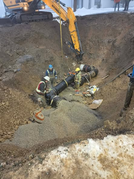 Work to tie in chlorination building is still ongoing. Water still off, further update at noon. Very big job - thanks to the contractor, workers &amp; Town staff for their hard work. It’s been a long cold night &amp; morning for them to ensure clean safe drinking water into the future.