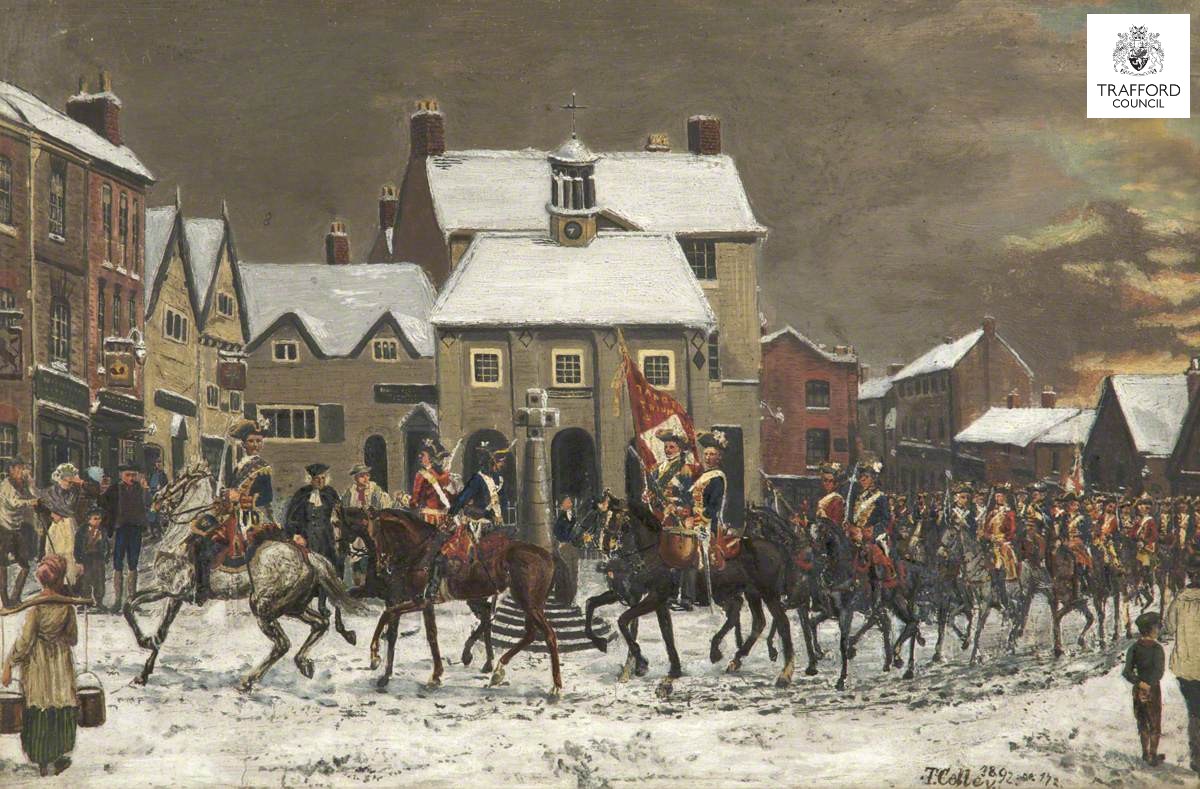 𝟐𝟎𝟐𝟓 𝑨𝒓𝒄𝒉𝒊𝒗𝒆 𝑨𝒅𝒗𝒆𝒏𝒕 𝑪𝒂𝒍𝒆𝒏𝒅𝒂𝒓
𝐃𝐚𝐲 18
The Pretender's Troops entering Altrincham at dawn, 1 December 1745. Trafford Local Studies collection, cat. ref. AHC/47
#altrincham #painting #christmas #adventcalendar #advent #archives #winter