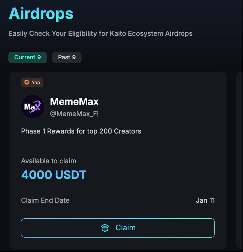 MemeMax第一季嘴撸活动可以领取奖励了！

查询yaps.kaito.ai/airdrops

感谢第一季发了大毛，给了先知分配4000U

还是MemeMax实在，说多少就给多少

比其他项目强多了，这次旅行酒店钱解决了🙏

<a href="/MemeMax_Fi/">MemeMax</a>