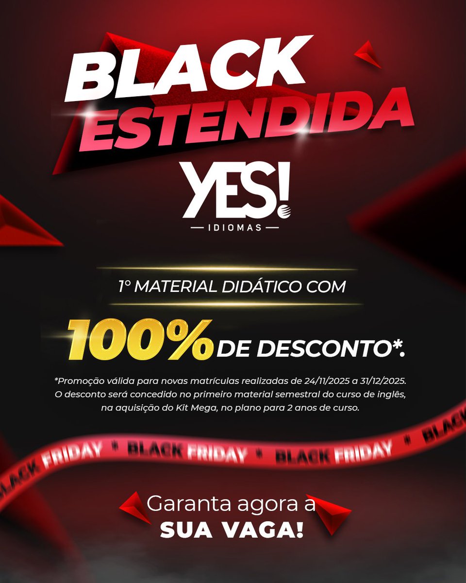 CanalYES's tweet image. Com a Black Friday da YES!, você se  matricula e recebe o primeiro material didático totalmente gratuito na aquisição do kit mega, plano para 2 anos de curso. 🎉

Aproveite agora e garanta a sua vaga agora mesmo!📲💻

DIGA SIM AO MUNDO, DIGA YES! ❤️🤍

#yesidiomas #blackfriday