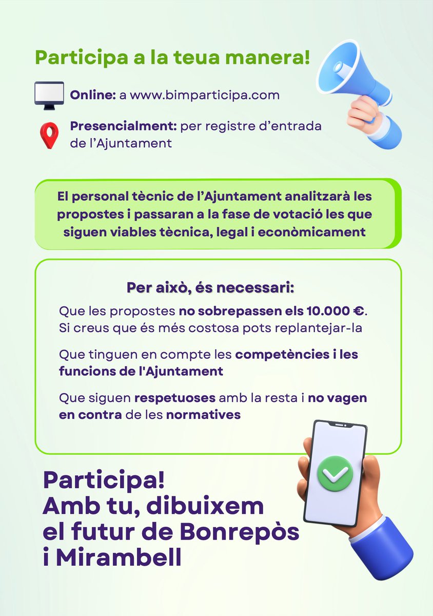 Recordatorio | 📢 Los Presupuestos Participativos de Bonrepòs i Mirambell ya están en marcha.
📆 Tienes hasta el domingo 14 para enviar tus propuestas.

💻Participa online en www.bimparticipa.como 📄a través del registro de entrada del Ayuntamiento.