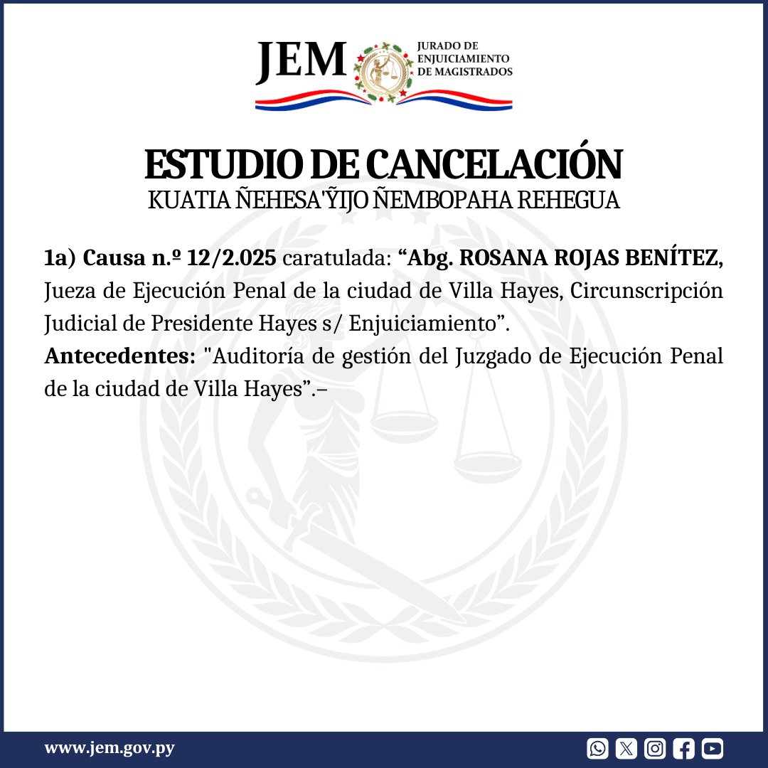 Jem_py's tweet image. ⚖️ El Jurado resolvió por unanimidad de votos la cancelación y el consecuente archivo de la causa con respecto a la Abg. Rossana Rojas Benítez, por los argumentos expuestos.

#JEMPy