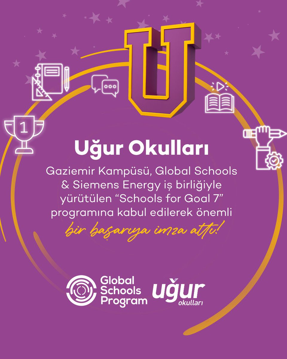 UgurOkullari's tweet photo. Uğur Okulları Gaziemir Kampüsümüzün, Global Schools ve Siemens Energy ortaklığıyla yürütülen Schools for Goal 7 programına kabul edildiğini duyurmaktan büyük mutluluk duyuyoruz. Bu önemli program, öğrencilerimize temiz enerji, sürdürülebilirlik ve yeşil dönüşüm konularında küresel perspektif kazandırarak onlar�� geleceğin dünyasına hazırlayan güçlü bir öğrenme ortamı sunmaktadır.

Bu prestijli sürece dahil olan kampüsümüzü içtenlikle tebrik ediyor, öğrencilerimizin bilgi, farkındalık ve yaratıcılıkla dolu ilham verici bir yolculuk geçirmelerini diliyoruz.
#UğurOkulları #SchoolsForGoal7 #GlobalSchools #Sürdürülebilirlik #SDG7 #EğitimdeDönüşüm