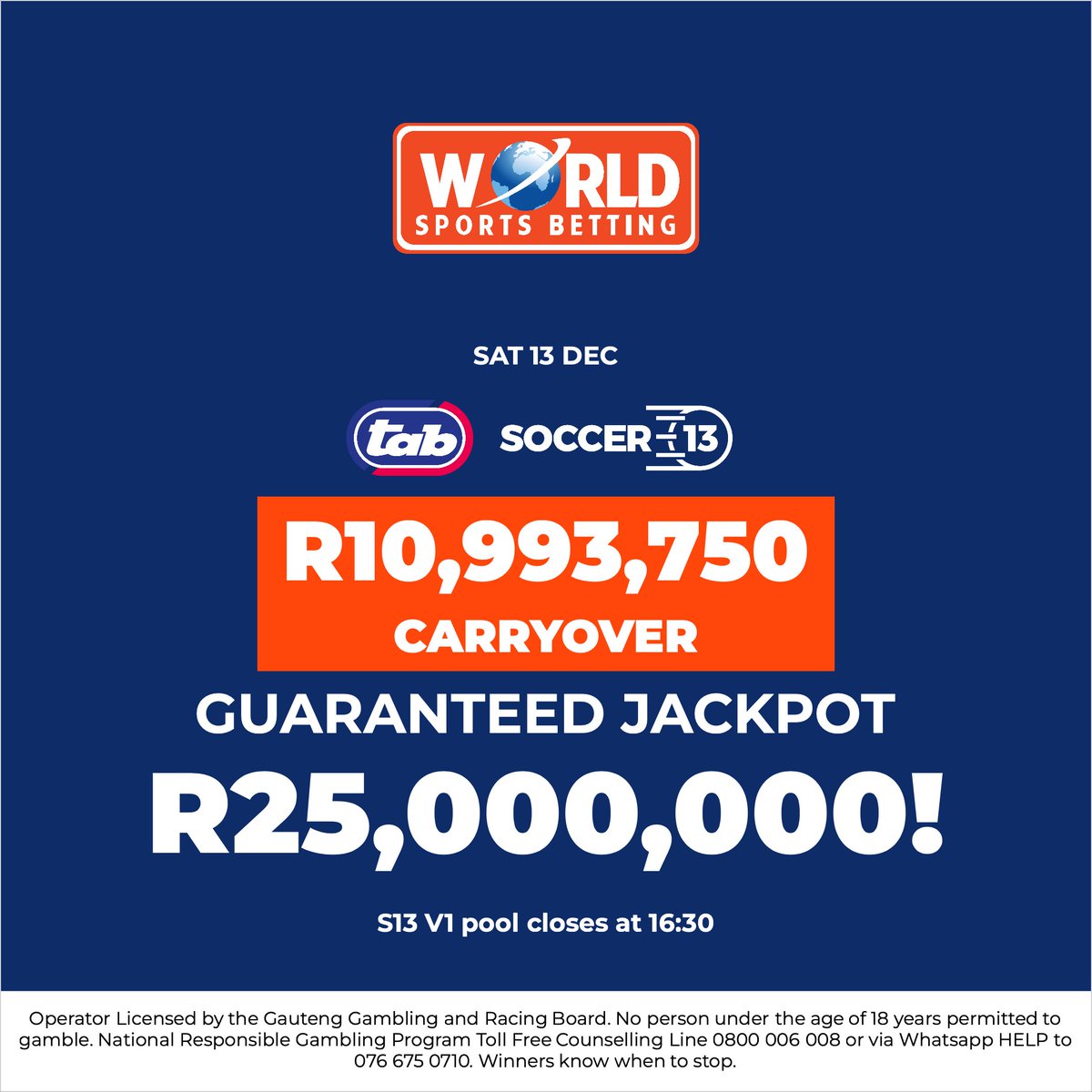 WorldSportsBet's tweet image. This Saturday’s Soccer 13 pool is HUGE — an incredible R25 MILLION jackpot awaits.

One ticket. One moment. One chance to win big.

👉 Play Now: ow.ly/f6cV50XhQln

#Soccer13  #WSB #BetWithTheBest