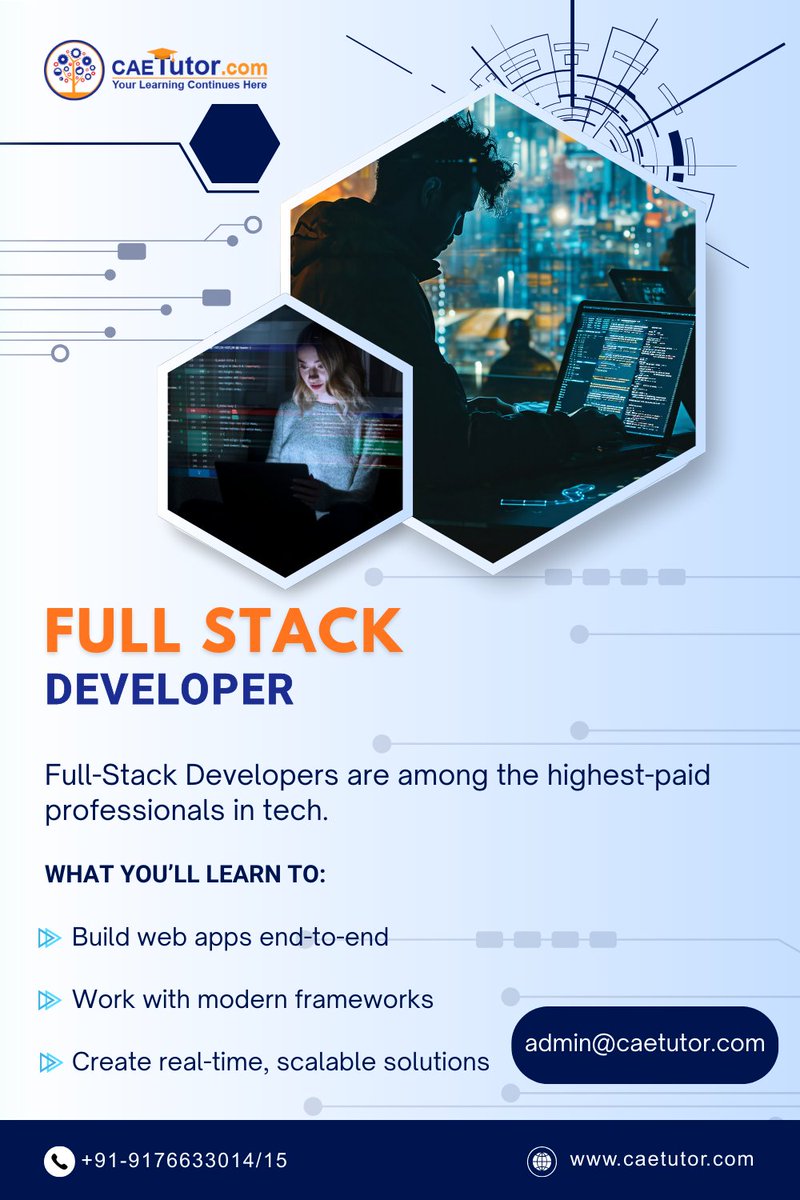 cae_tutor's tweet image. Take your career to the next level! Join our Full Stack Developer program and gain expertise in Microsoft technologies, cloud computing, DevOps, and testing. Plus, get 100% job assistance and prep for Microsoft certifications! Register now! (link unavailable) #FullStackDeveloper