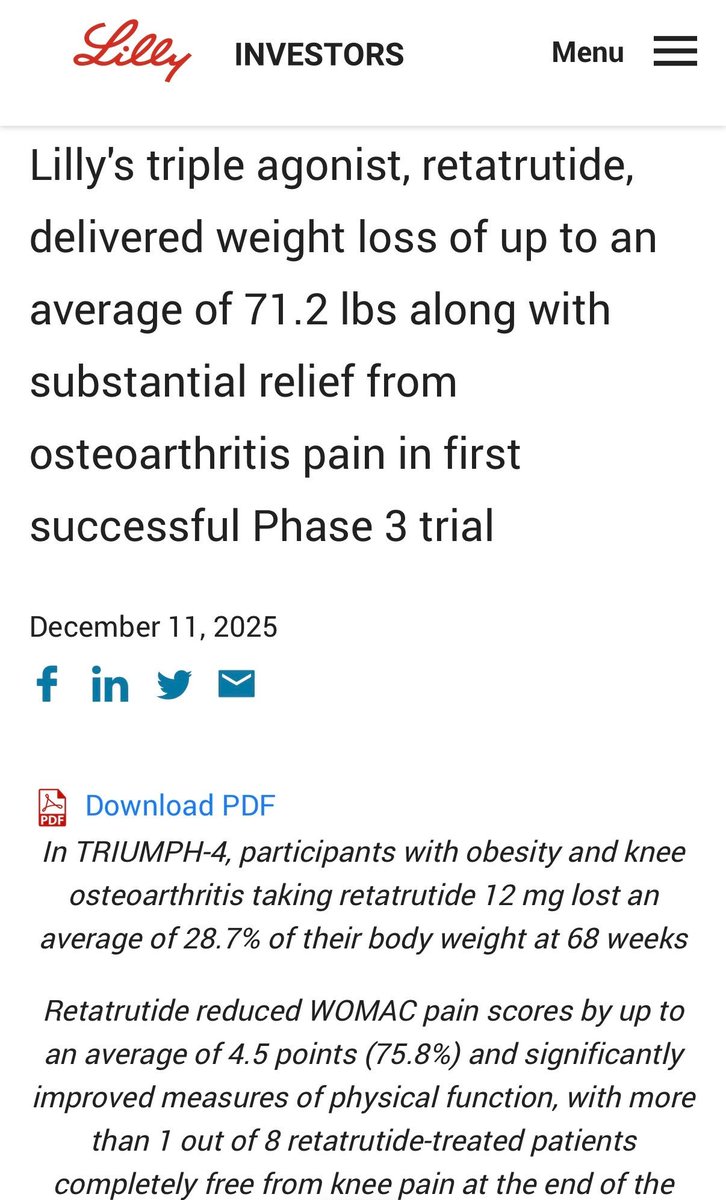 MWeintraubMD's tweet image. 🚨The first phase 3 retatrutide trial, TRIUMPH-4, top-line data announced today 🚨

💉 Retatrutide, a triple GLP-1,GIP, glucagon agonist studied in patients with obesity and osteoarthritis

📉 28.7% weight loss at 68 weeks ⚖️
❤️Reduced key cardiometabolic risk markers — non-HDL…