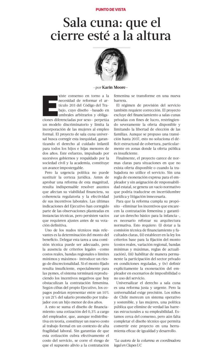 [COLUMNA <a href="/latercera/">La Tercera</a>] "Sala cuna: que el cierre esté a la altura".

Nuestra coordinadora legal <a href="/MooreKarin/">Karin Moore</a> enfatizó la urgencia de reformar el proyecto de #SalaCuna universal para garantizar el derecho al cuidado infantil. Destacó la necesidad de abordar vacíos legales, asegurar
