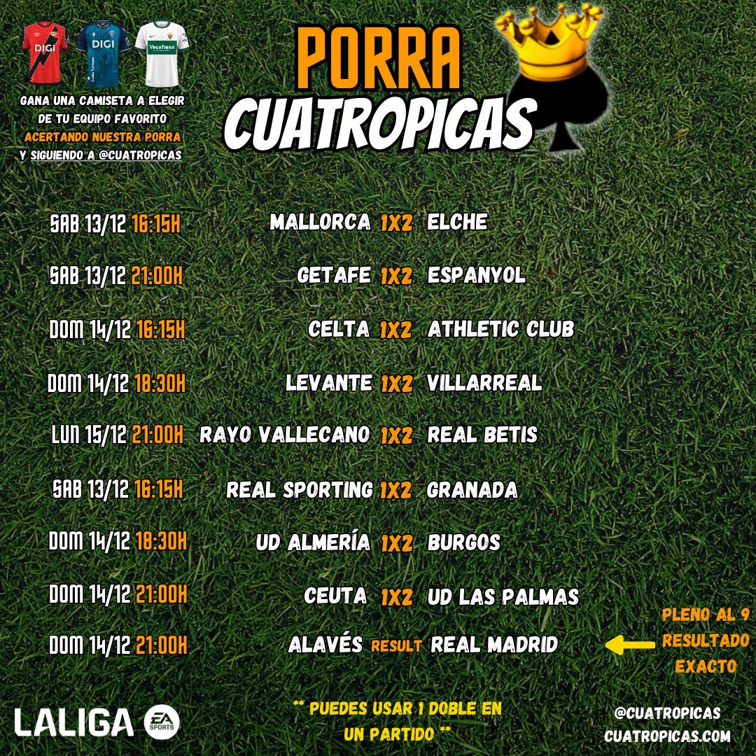 ♠️♠️♠️♠️

Vamos con la #Porra4Picas 🎯 de esta semana.

Acierta los 9 resultados y gana una camiseta 👕🎁 a tu elección. 

Recuerda: 8 resultados a 1X2 🎲 (puedes usar un Doble) y el "Pleno al 9" con el resultado exacto 🧐