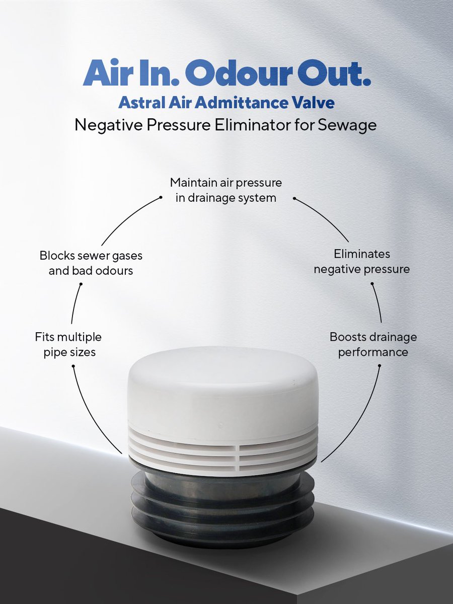 Astral’s Air Admittance Valve is made to maintain proper airflow in sewage systems by countering negative air pressure that forms when sanitary fixtures are used. This prevents siphons from losing water, stops foul odours from entering indoor spaces, and ensures smooth drainage.