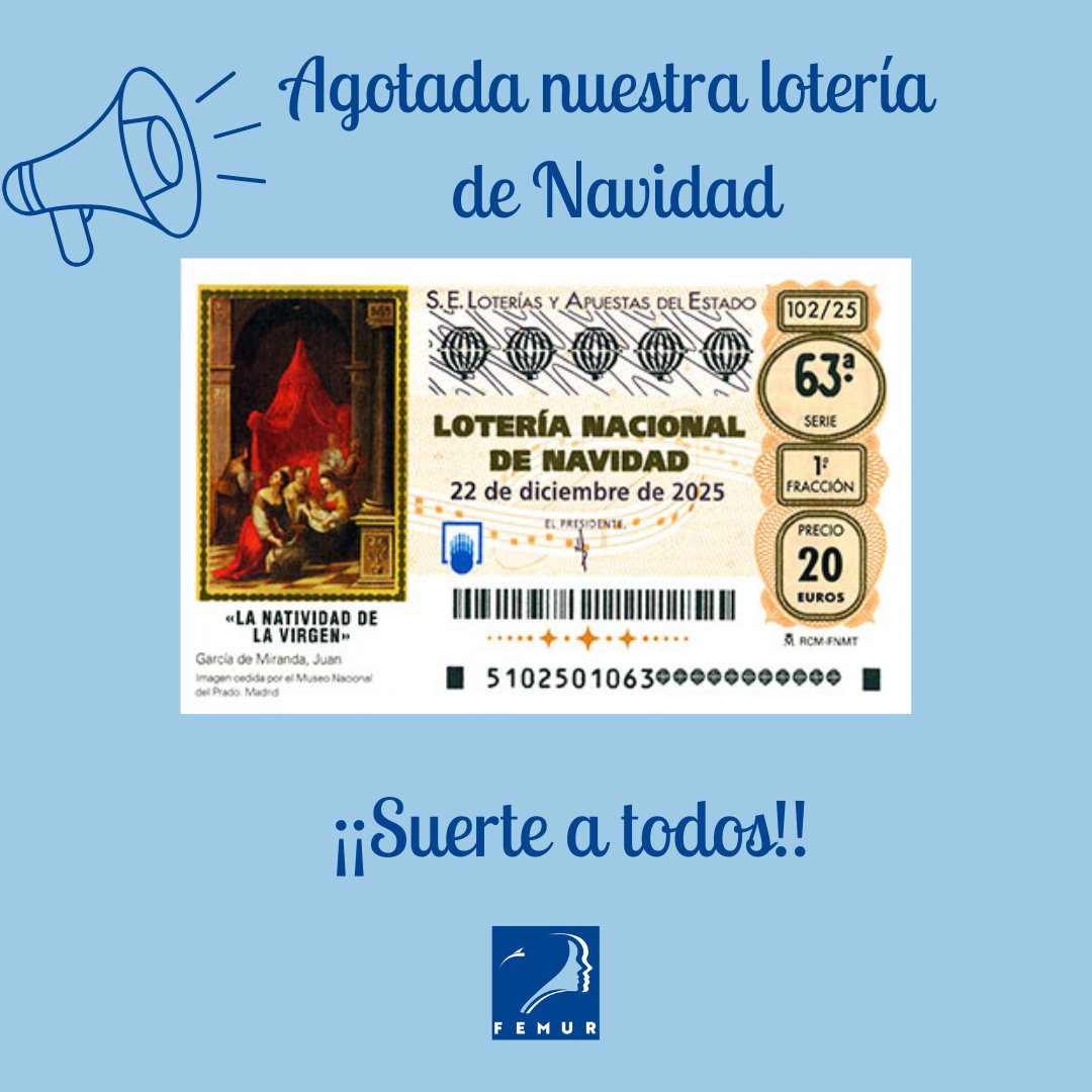La lotería de Navidad de FEMUR se ha agotado.

Mucha suerte el próximo 22 de diciembre🍀